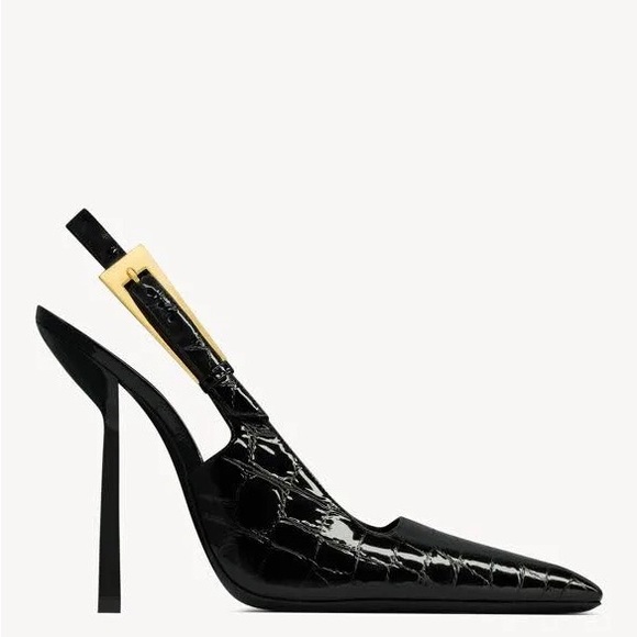 Saint Laurent Black Graham 115 Croc-Effect Slingback Pumps - Picture 1 of 8